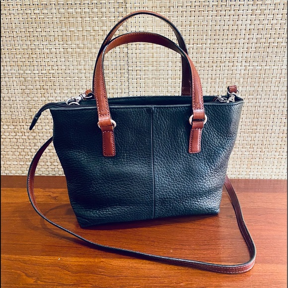 🌟2xHP🌟VTG 2000s Black & Brown Top Handle Pebbled Leather Crossbody Bag Fossil - Picture 12 of 14